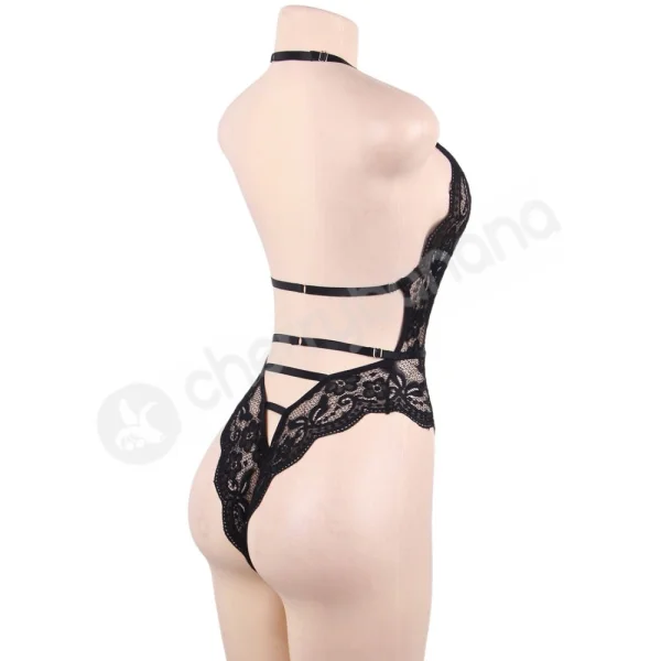Cherry Banana Black Floral Lace Bodysuit With Adjustable Neck & Back Straps