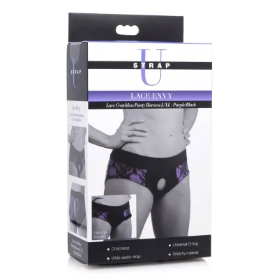 Lace Envy Crotchless Panty Harness L XL Purple and Black