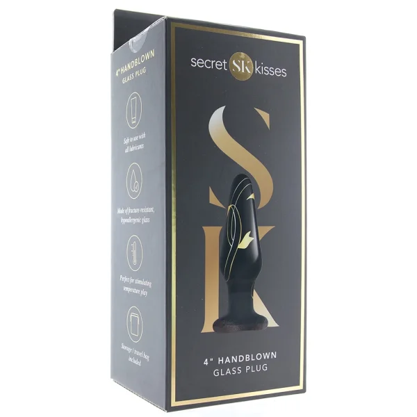 Secret Kisses Handblown Glass Anal Plug 4" Slim - Black & Gold
