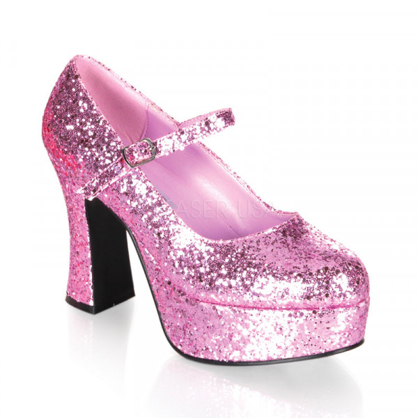 MARYJANE-50G - 4" Heel, Baby Pink Glitter Mary Jane P/F Pump Shoe