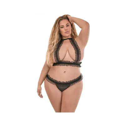 Magic Silk Ruffled Halter Bra Split crotch Thong Black Queen