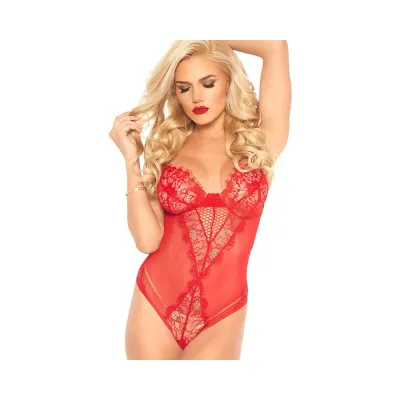 Eyelash Lace And Sheer Mesh Teddy With Adjustable Straps Red Medium