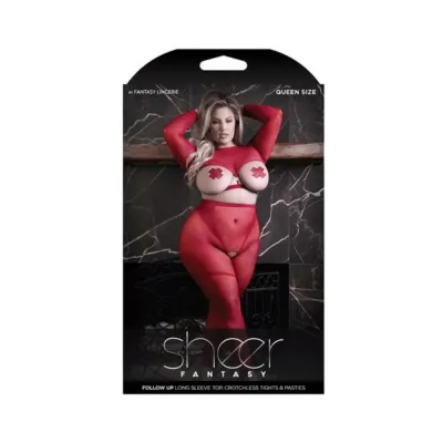 Sexy Accessories Fantasy Lingerie Sheer Follow Up Longsleeve Open Top Crotchless Tights 1 Pair Of Pasties Red Quee
