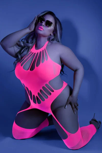 No Promises Teddy Bodystocking - One Size - Neon  Pink
