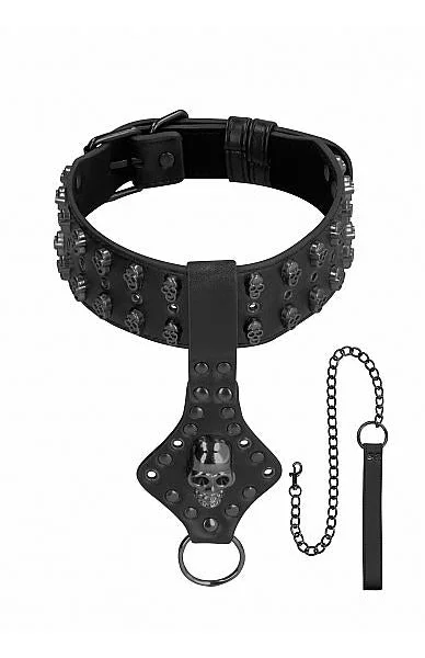 Ouch! Skulls & Bones Neck Chain With Skulls And Leash Black