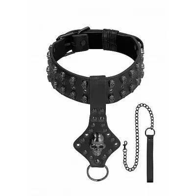 Ouch Skulls Bones Neck Chain With Skulls And Leash Black