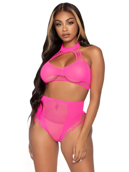 2 Pc. Net Crop Top and High Waist Bottoms - One Size - Neon Pink