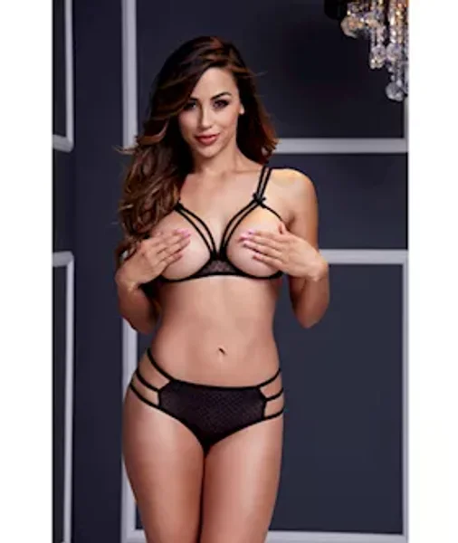 Strappy Open Cup Bra Set W Panty Os - Black — image 4 of 4