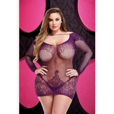 Long Sleeve Lace Mini Dress Purple Os xl