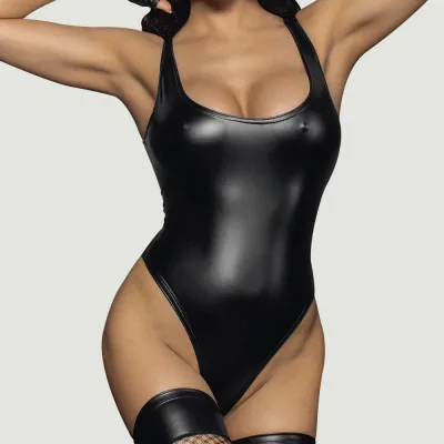Noir Wetlook Bodysuit Highcut Hem