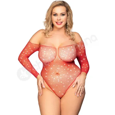 Cherry Banana Plus Size Red Rhinestone Fishnet Long Sleeve Bodysuit