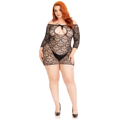 Seamless Heart Net Mini Dress 1x 2x Black