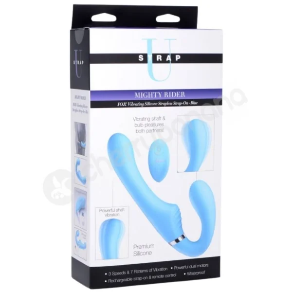 Strap U Blue 10x Mighty Rider Vibrating Silicone Strapless Strap-on