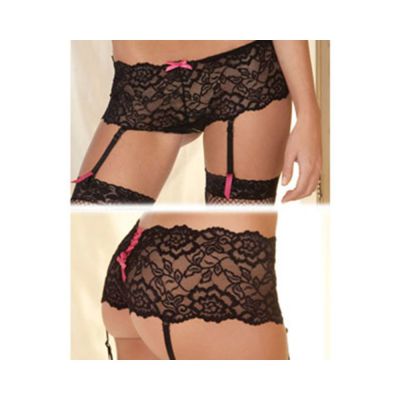 Crotchless Lace Boyleg with Garters Black S M