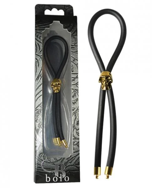 Bolo Lasso & Gold Skull Slider with Gold Tips Black