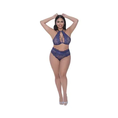 Women s Lingerie Magic Silk Berrylicious Halter Lace Up Panty Set Blueberry Queen Size