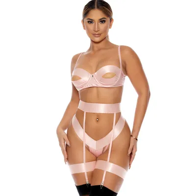 Forplay Take A Peek Pink Bra Set with Panty Garters Thigh Straps