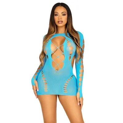 Seamless Cut Out Long Sleeve Mini Dress With Faux Lace Up Detail One Size Turquoise