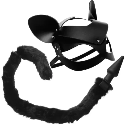 Tailz Black Silicone Anal Plug With Black Faux Fur Cat Tail Matching Cat Mask