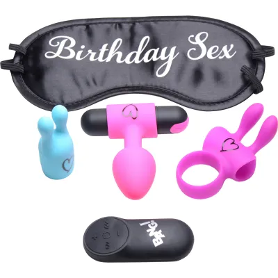 BANG Birthday Sex Kit With Remote Control Bullet Vibrator 3 Silicone Attachments Blindfold