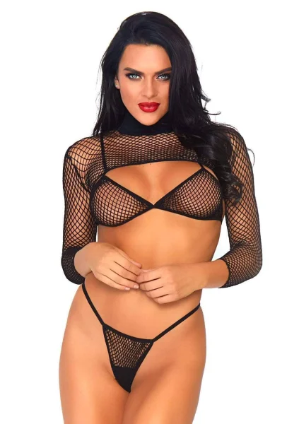3 Pc. Industrial Net Bikini Top Thong and Long  Sleeved Crop Top - One Size - Black