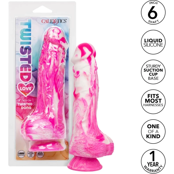 Twisted Love Twisted Dong 6" Silicone Suction Cup Dildo With Balls By CalExotics - Pink & White
