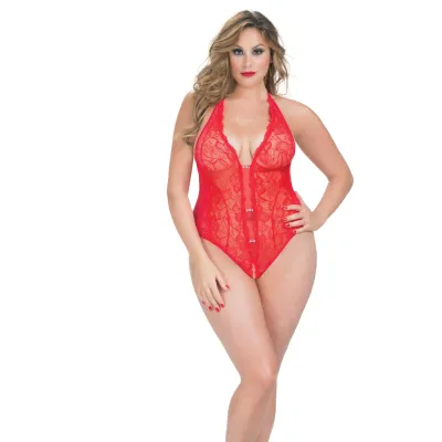 Crotchless Lace Teddy With Rhinestone Detail Queen Size Red