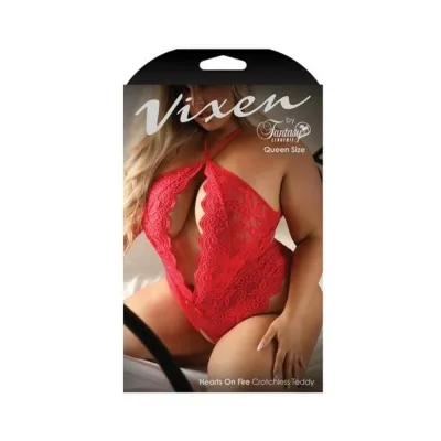 Women s Lingerie Fantasy Lingerie Vixen Hearts On Fire Crotchless Lace Teddy With Open Pearl Draped Back Red Queen Si