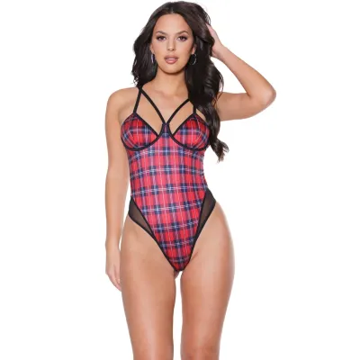 Plaid Strappy Microfiber Teddy With G String Back