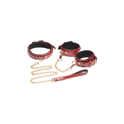 Master Series 6 Piece Classic Burgundy Bondage Set with Cuffs Collar Leash