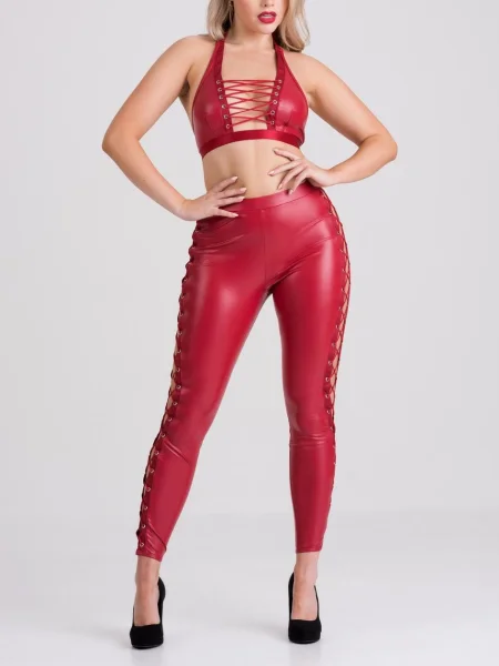 Lovehoney Fierce Leather Look Lace-Up Red Halterneck Bra