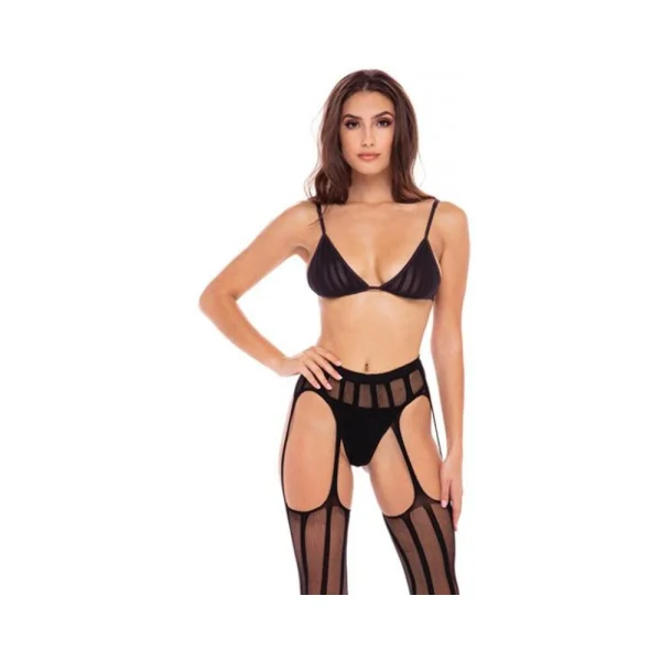 Straight Up 3-piece Sheer Striped Bra, Thong, And Garter Set Black M/l