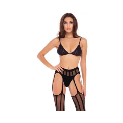 Straight Up 3 piece Sheer Striped Bra Thong And Garter Set Black M l