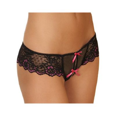 Crotchless Lace Thong W bows Black 1x 2x