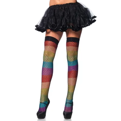 Rainbow Thigh Highs With Fishnet Overlay One Size