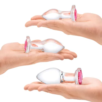 3 Pc Heart Jewel Glass Anal Training Kit Clear pink