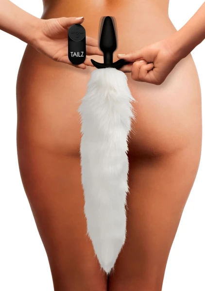 Vibrating White Fox Tail Slender Anal Plug