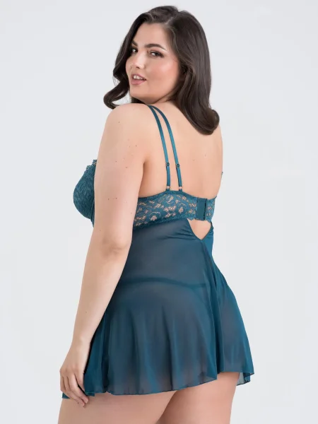 Lovehoney Plus Size Parisienne Teal Lace Plunge Babydoll Set