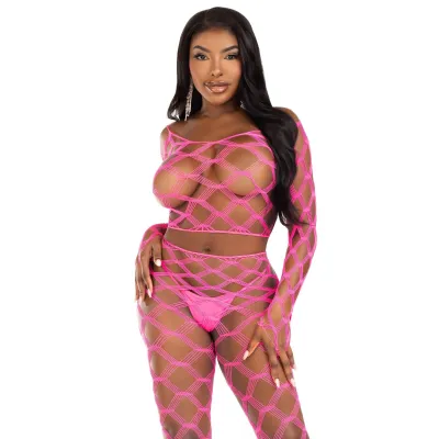 2 Pc Net Crop Top and Footless Tights One Size Neon Pink