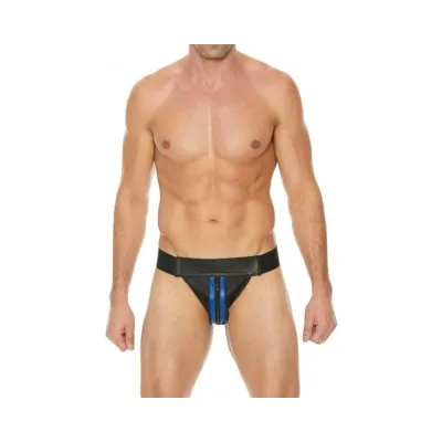 Premium Leather Zipper Front Jock S m Black blue