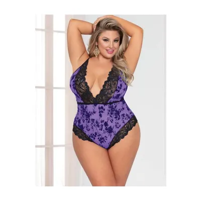 Sugarplum Flocked Mesh And Lace Romper 1x 2x