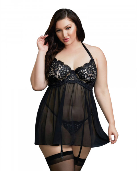 Dreamgirl 1X Black Venice Embroidery Lace Garter Babydoll with Thong