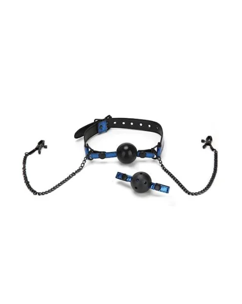 Diamond Collection Ball Gag And Nipple Clips - Blue - O/s