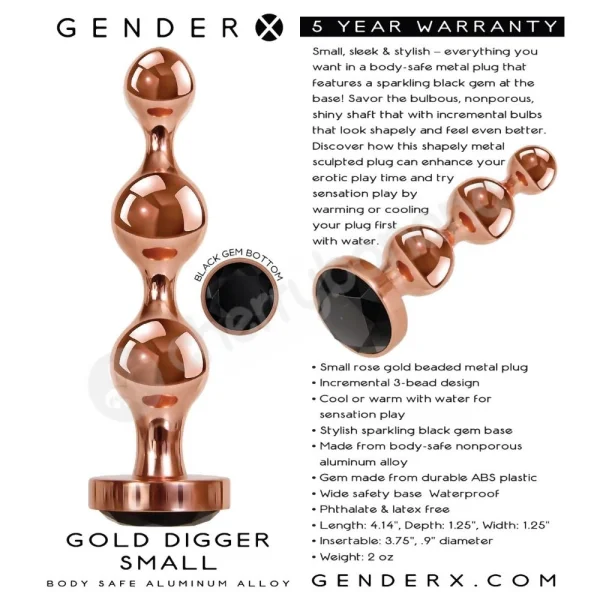 Gender X Gold Digger Small Rose Gold Metal Butt Plug With Black Gem Base