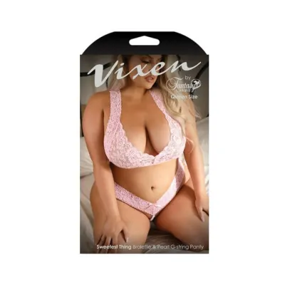 Women s Lingerie Fantasy Lingerie Vixen Sweetest Thing Lace Bralette Pearl G string Panty Pink Queen Size