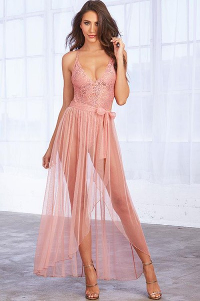 Dreamgirl Pastel Charms Lace Teddy with Maxi Skirt