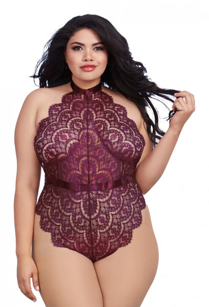 Dreamgirl Plus Size Mulberry Eyelash Lace Teddy with Halter Neckline and Thong Back