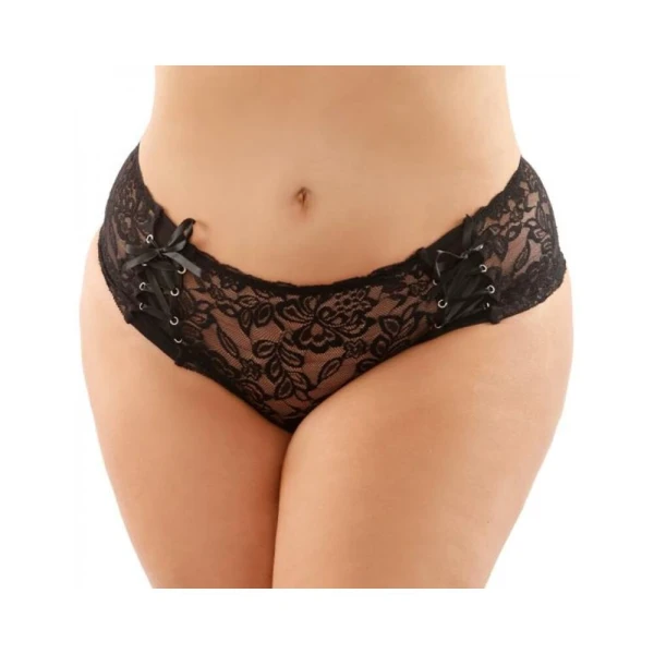 : Magnolia Crotchless Lace Boyshort With Lace-up Panel Details Black Queen