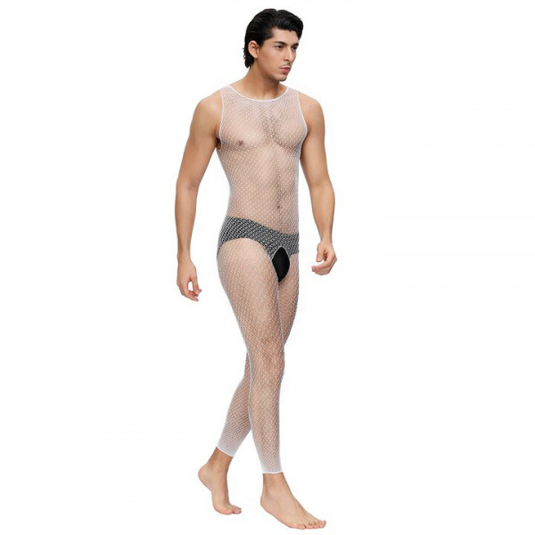 Bondara Man White Fishnet Crotchless Bodystocking