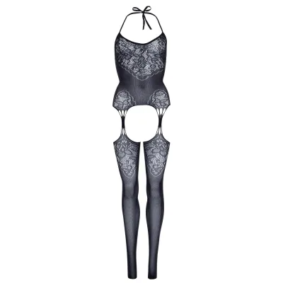Seamless Lace Jacquard Net Suspender Bodystocking 1x 2x Black
